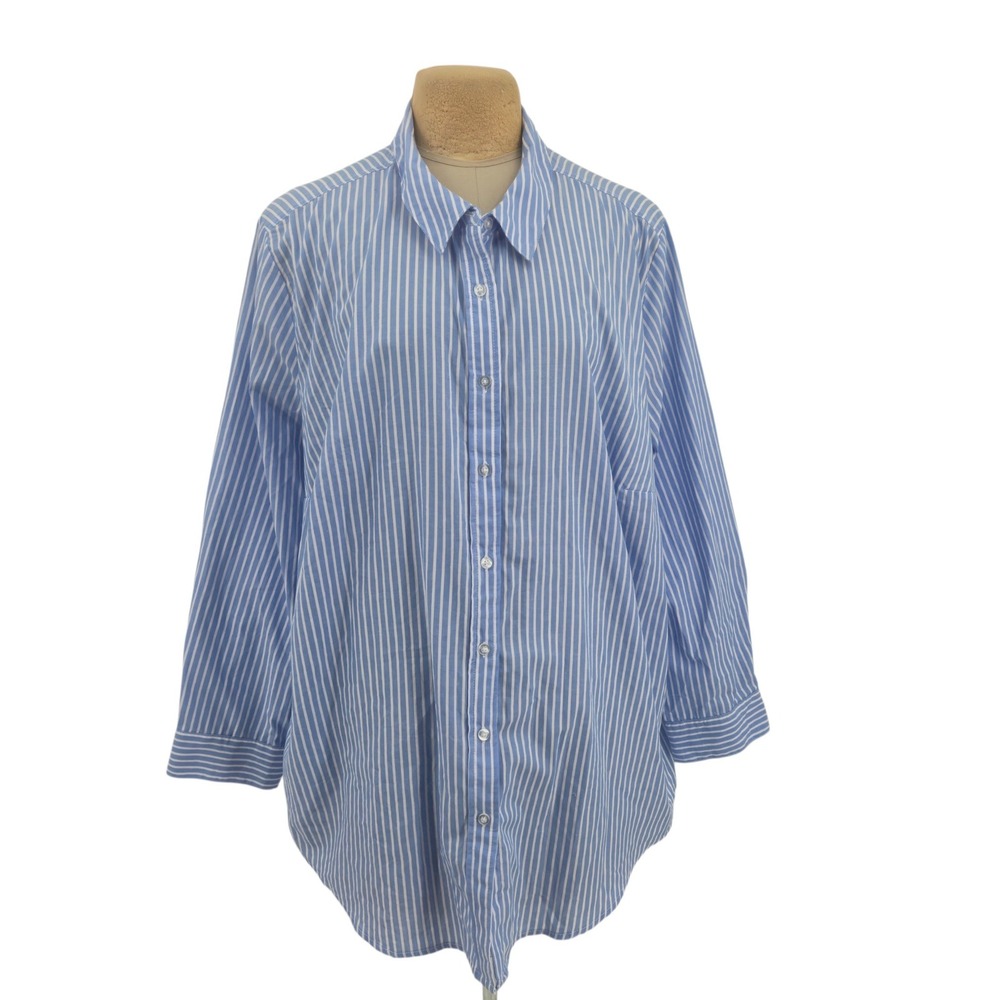 Woman Within Button Down Shirt Women 3X Blue White Striped Long Sleeve Plus Size